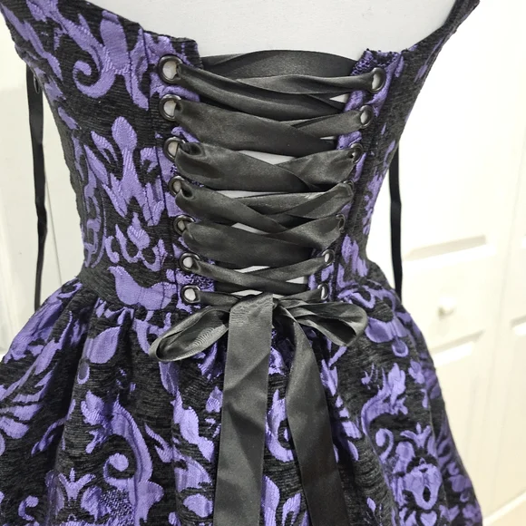 ~SOLD~ Dolls Kill Goth Widow Sultry Sins Black Purple Brocade Corset Dress XS - Picture 7 of 12
